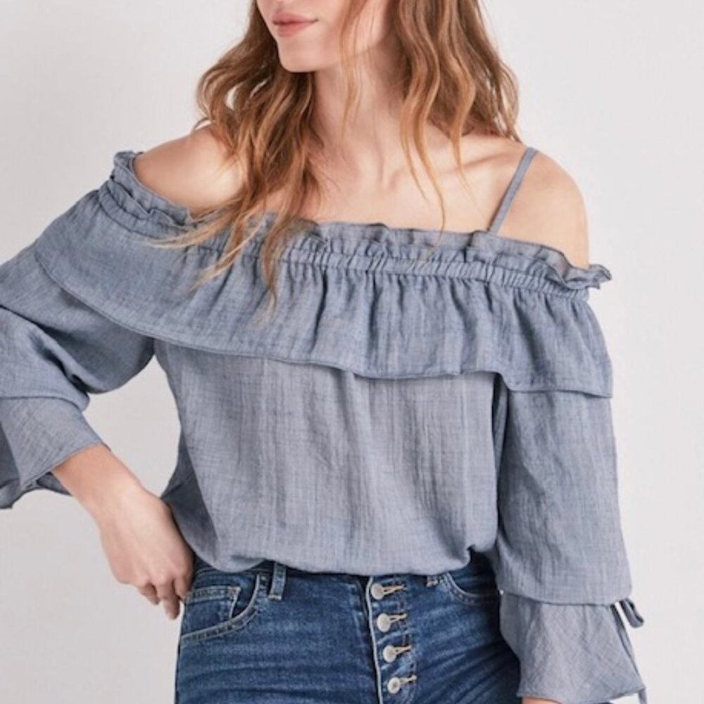LUCKY BRAND COLD SHOULDER CHAMBRAY TOP L
